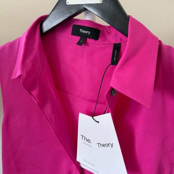 NWT🔖Theory Tanelis Sleeveless Silk Button-Up Shirt Hot Pink Work Carnation - Picture 6 of 7